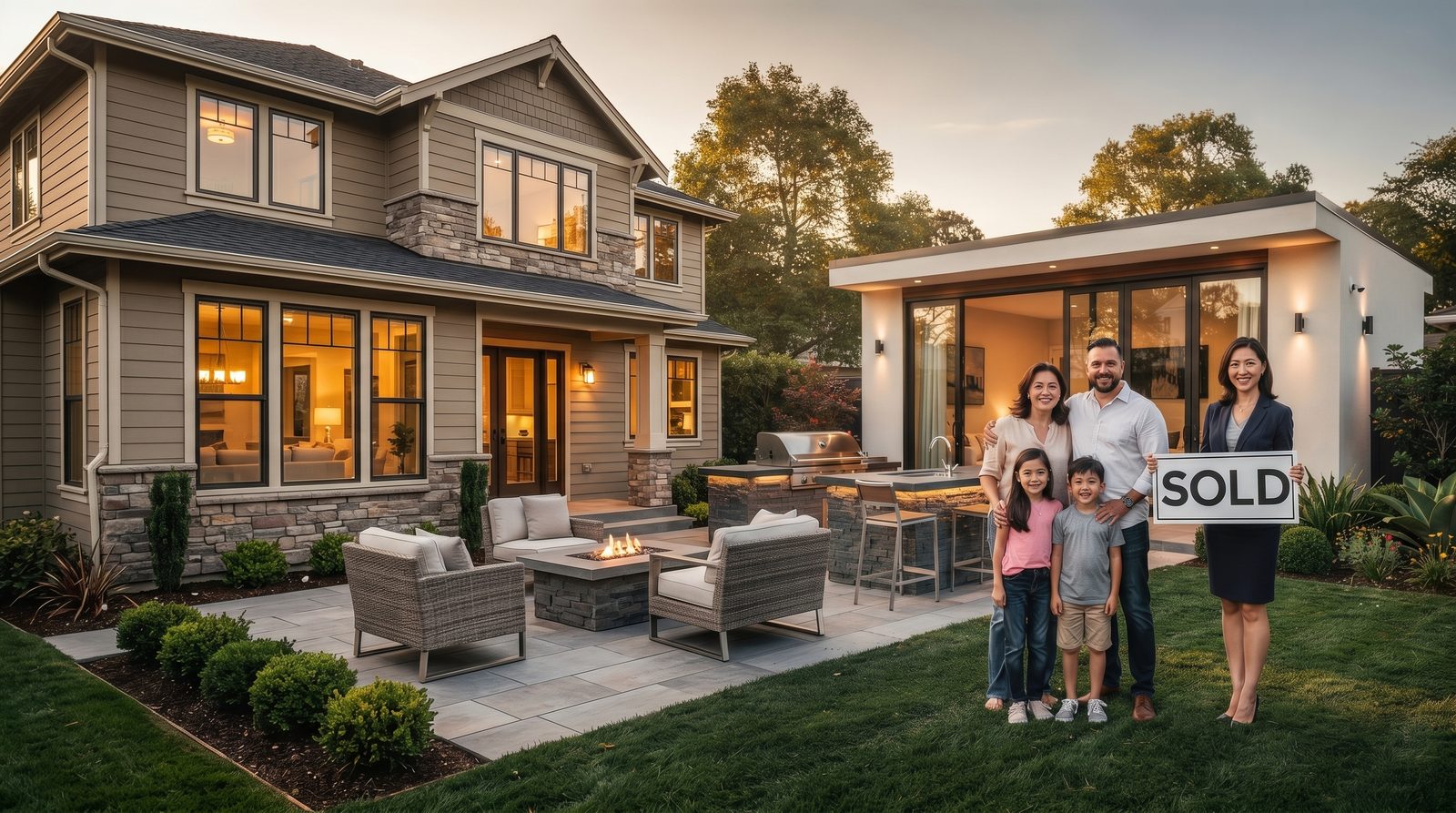 Real estate agent with family in front of home with ADU